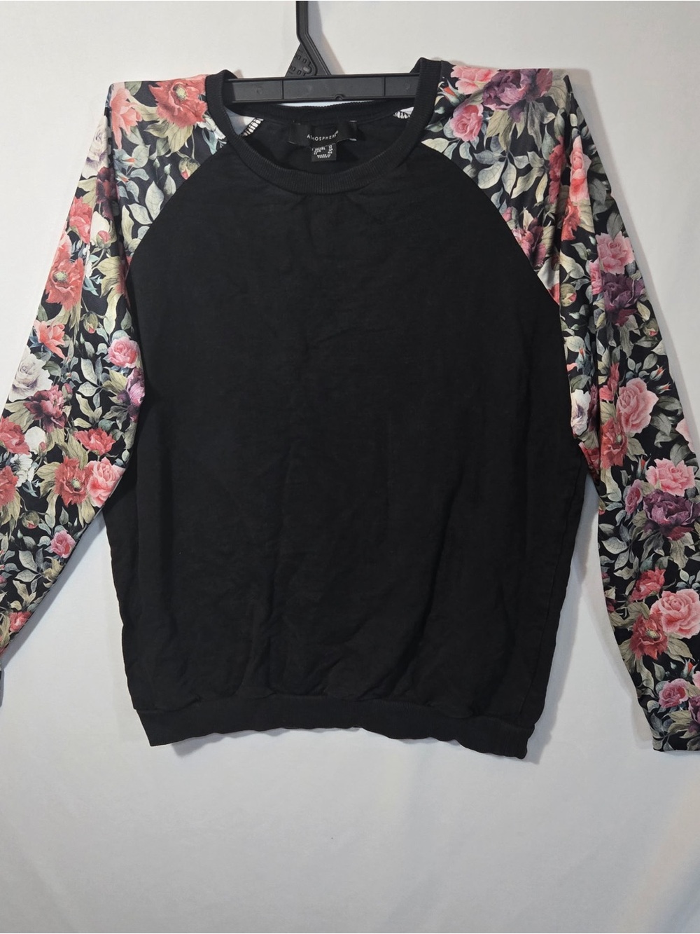 Atmosphere Black Sweater with Pink Floral Raglan Sleeves